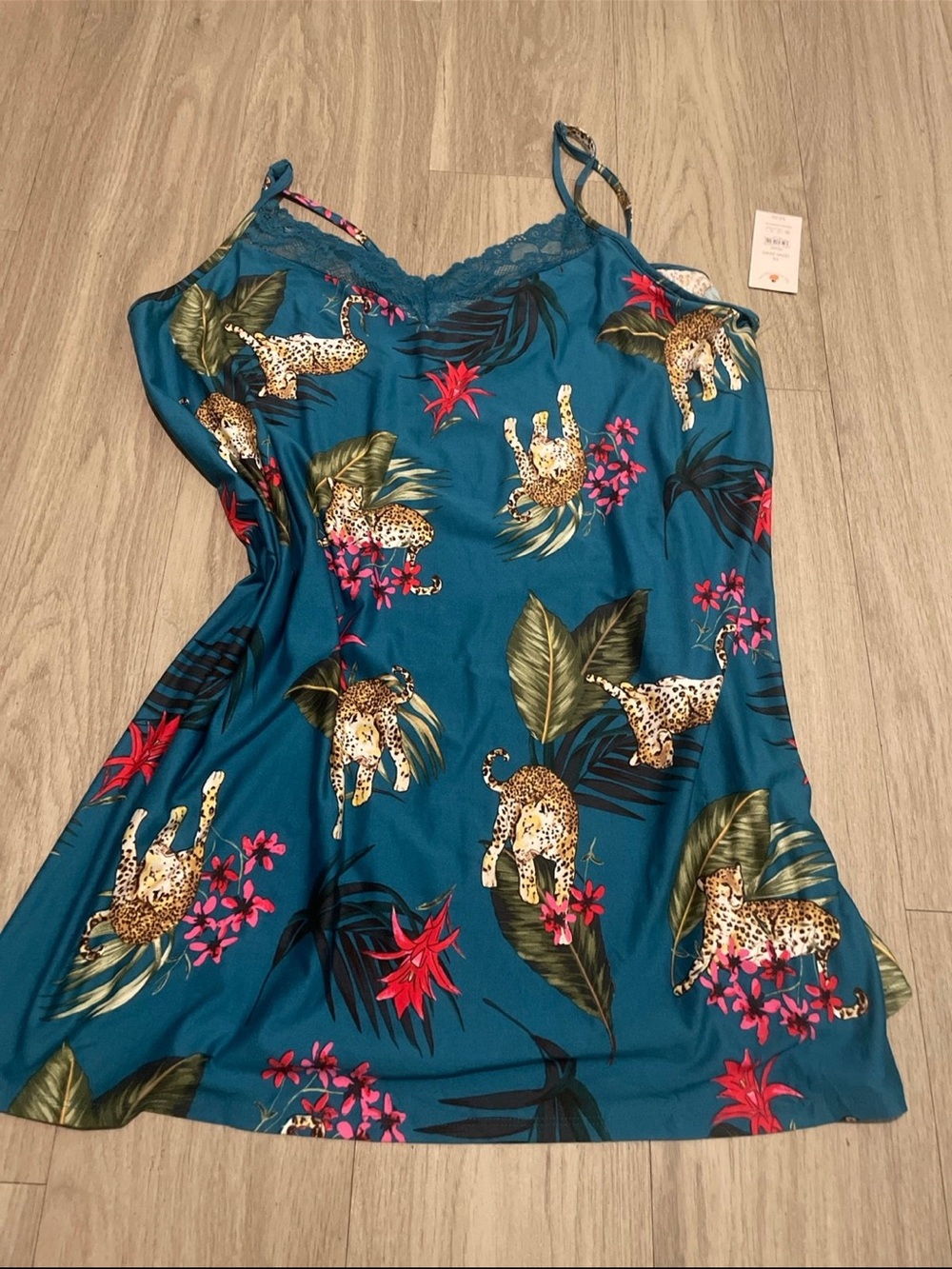 Teal Satin Leopard & Tropical Slip Dress
